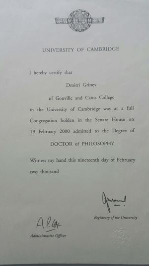 Диплом PhD, University of Cambridge, Gonville and Caius College, 2000